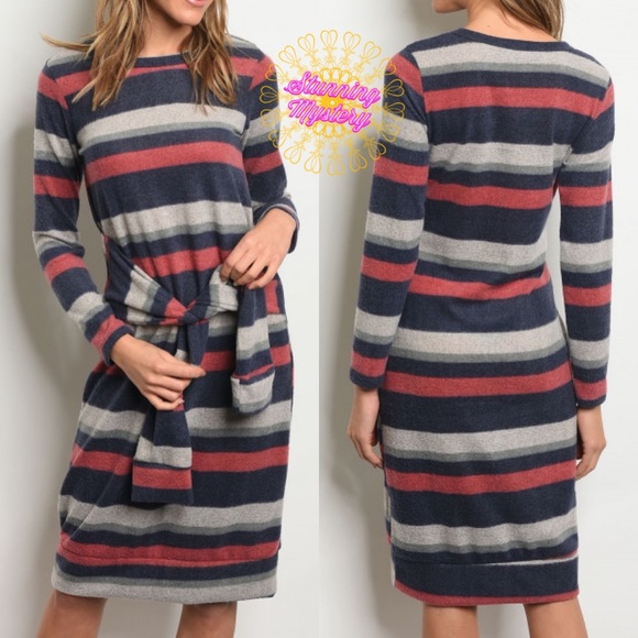 Striped Long Sleeve Belted Dress - Picture 4 of 8